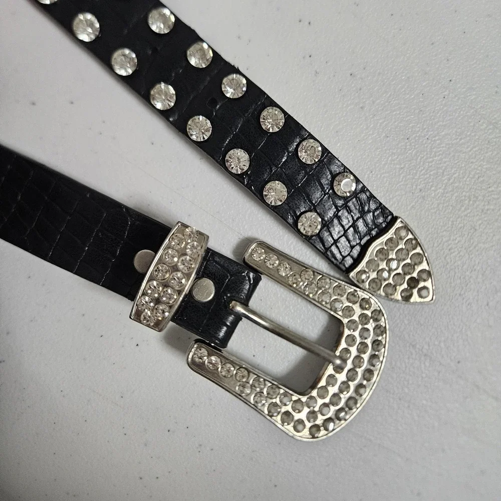 Beltiscool Belt Womens 35 Black Rhinestone Western Bling Croc Embossed Rockstar*